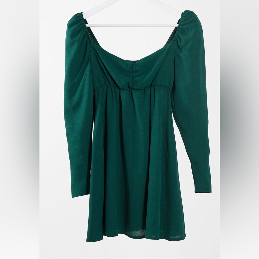 ASOS DESIGN Petite textured ruched sweetheart mini skater dress in forest green